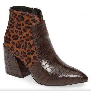 Jeffrey Campbell Bentlee Leopard Croc Heel Booties Pointed Closed Toe Brown 9.5